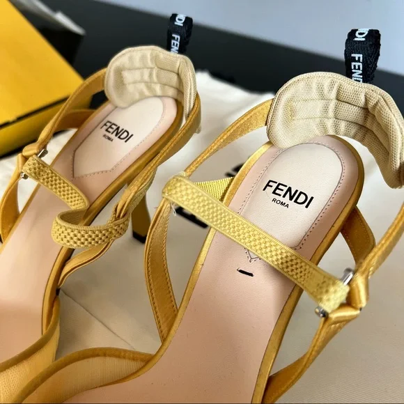 💯 Authentic New FENDI Tulle And Satin High-Heeled Slingbacks Sunflower Color - Picture 2 of 8